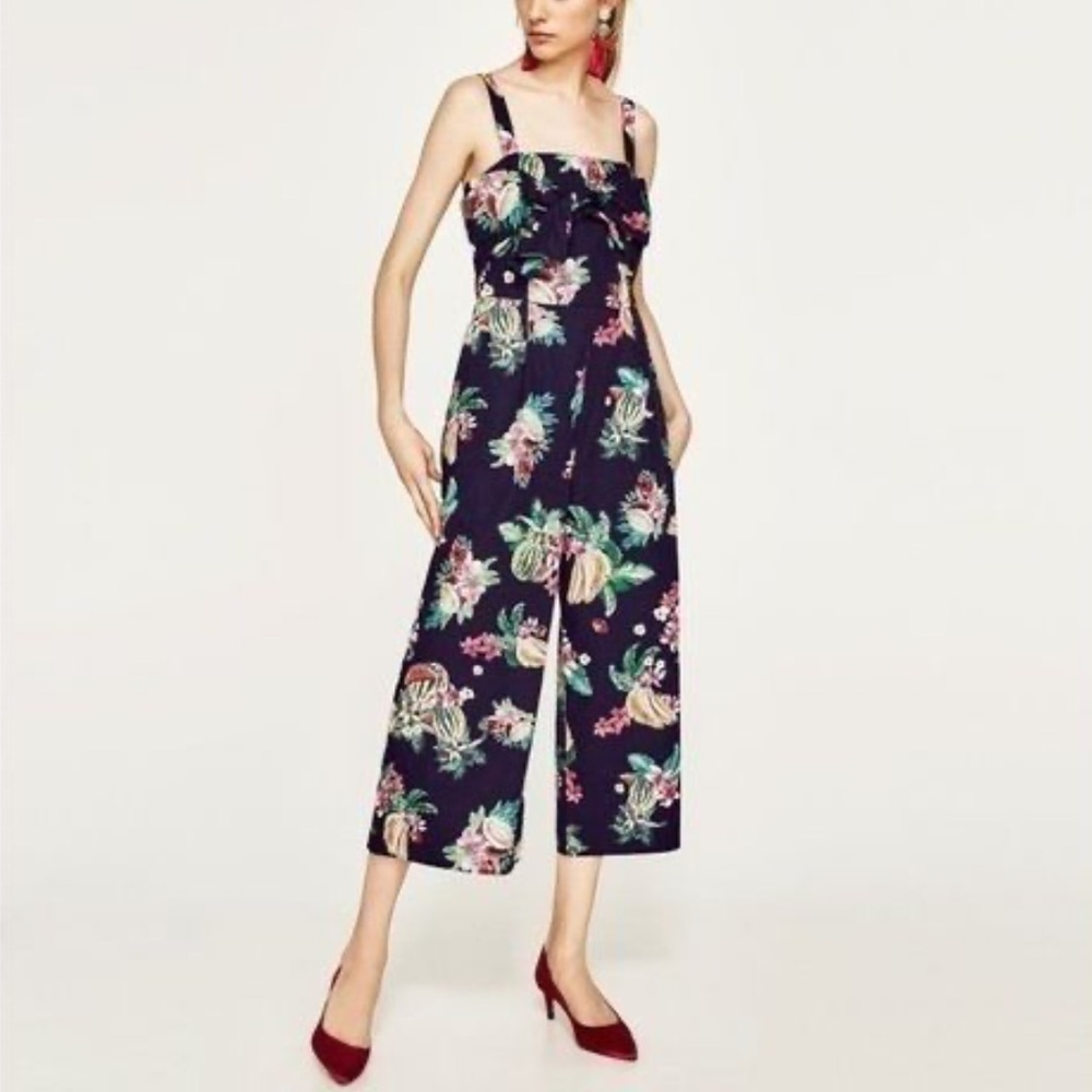 Zara Navy Blue and Floral Jumpsuit - Size L